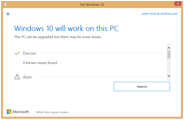 Example Results of Windows 10 Compatibility in Get Windows 10 Application