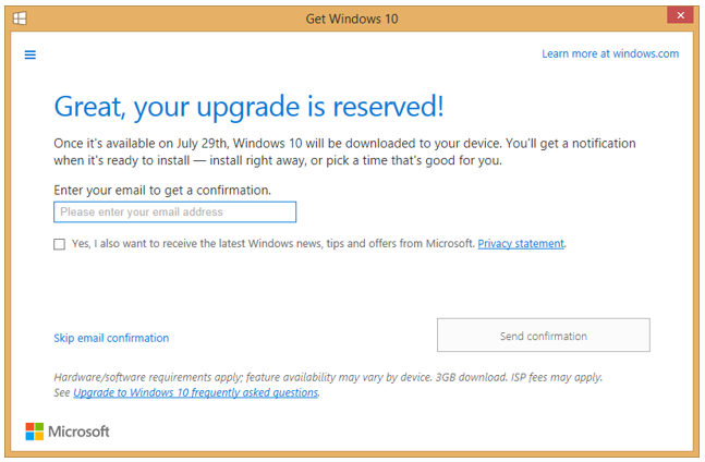 Entering Email Confirmation Address in Get Windows 10 Application