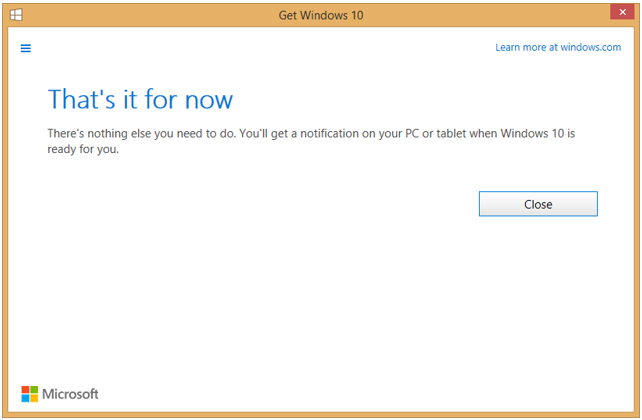 Completed Windows 10 Reservation Process in Get Windows 10 Application