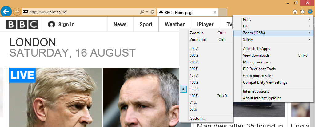 Selecting a zoom level in Internet Explorer 11
